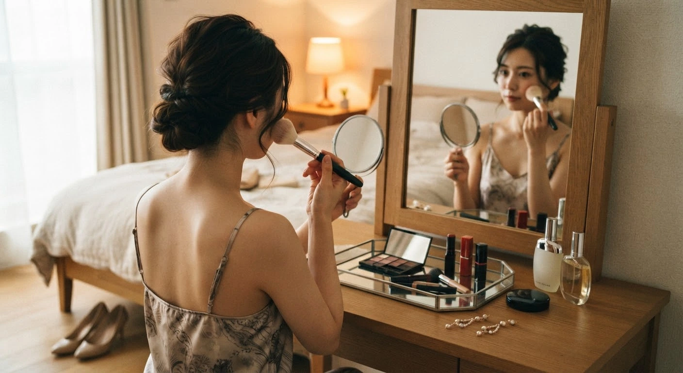 デートに行く前に化粧をする妻